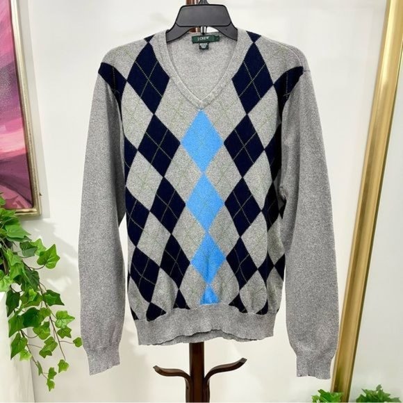 J. Crew Mens Argyle Pullover V- Neck Sweater in Gray Blue Size L - Picture 4 of 4